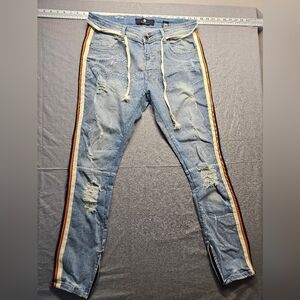 Focus Jeans Moto Racing Stretch Creased Distressed Side Stripe Size 34 X 30